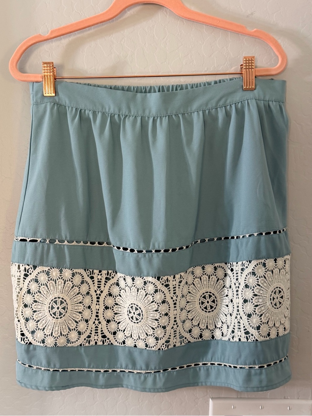 Pinky Light Greenish Blue Mini Skirt with White Crochet Panel